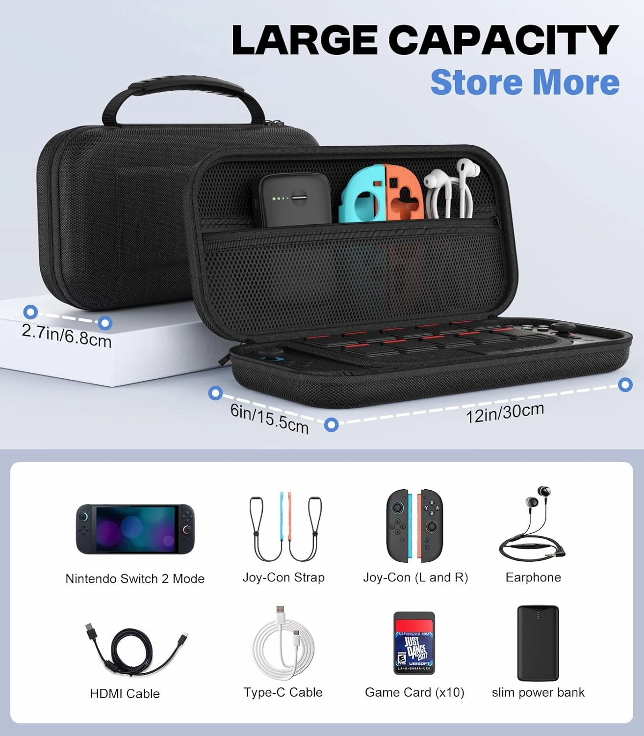 MoKo Carrying Case for Nintendo Switch 2 2025, Protective Hard Shell Portable Travel Carry Case Pouch Holds 10 Cartridges w/Pockets for Switch 2 Accessories and Games, Black