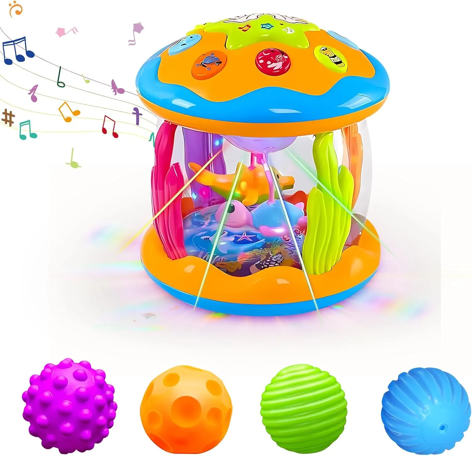 Montessori Toys for Babies 3 Months , Baby Balls 3 to 12 Month for Babies & Toddlers and Baby Toys 6 to 12 Months - Musical Rotating Light Up Infant Toys, Early Learning Toys Baby Crawling Drum Toy