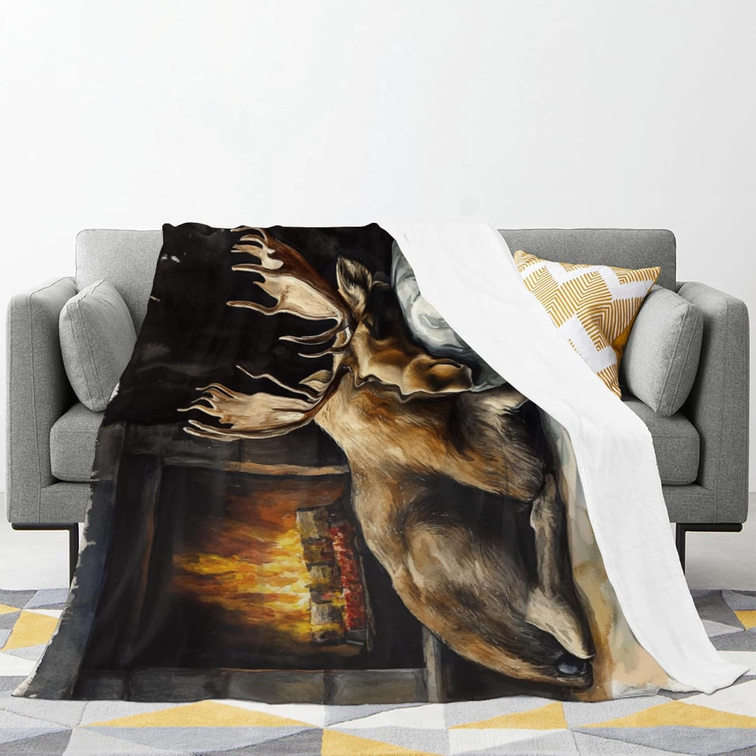 Moose Winter Throw Blanket, Fireplace Painting Blanket, Lightweight Cozy Plush Flannel Blanket for Bed Couch Sofa Office Decor and Travel, Teens 50x60 Inch