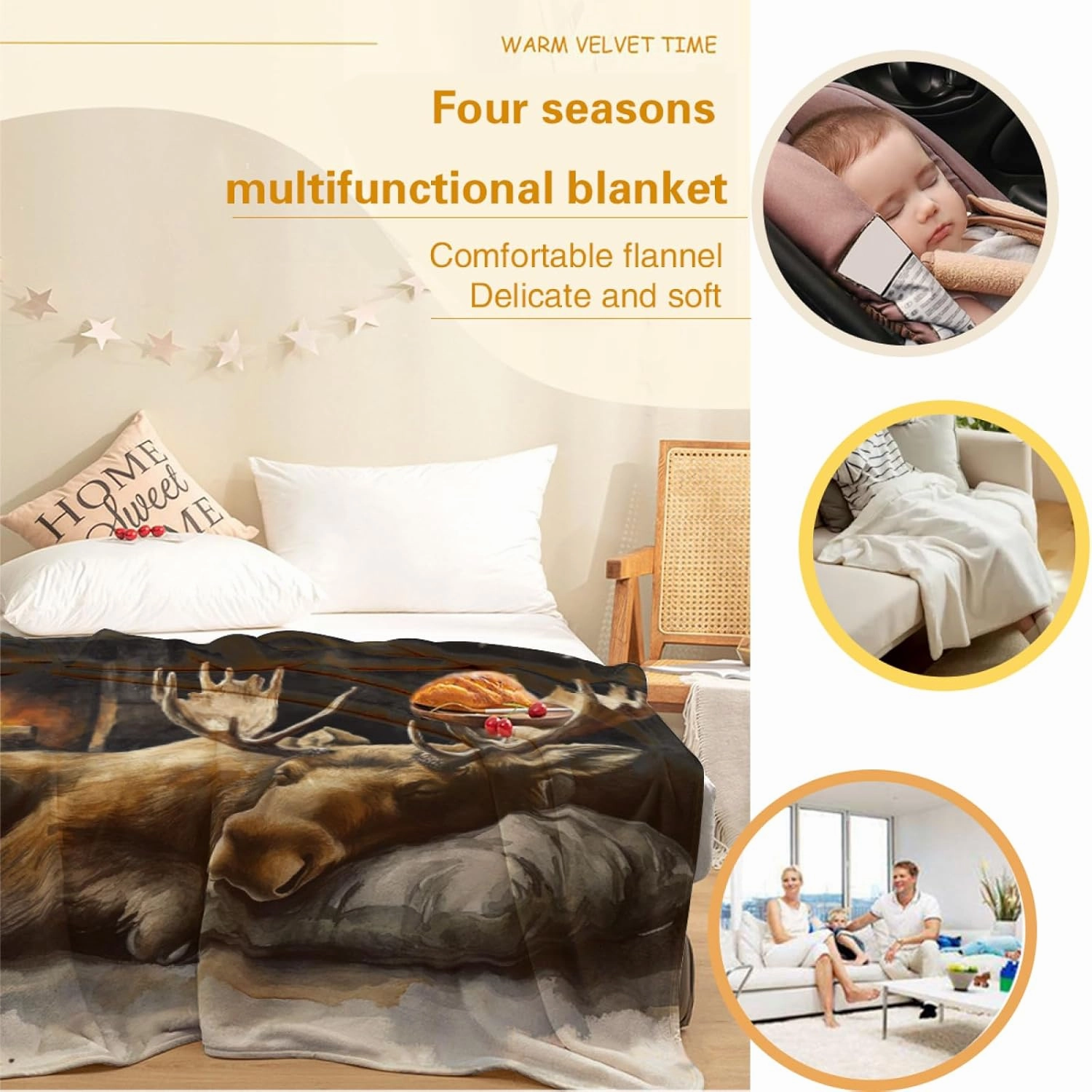 Moose Winter Throw Blanket, Fireplace Painting Blanket, Lightweight Cozy Plush Flannel Blanket for Bed Couch Sofa Office Decor and Travel, Teens 50x60 Inch