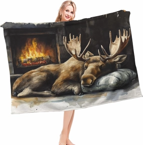 Moose Winter Throw Blanket, Fireplace Painting Blanket, Lightweight Cozy Plush Flannel Blanket for Bed Couch Sofa Office Decor and Travel, Teens 50x60 Inch