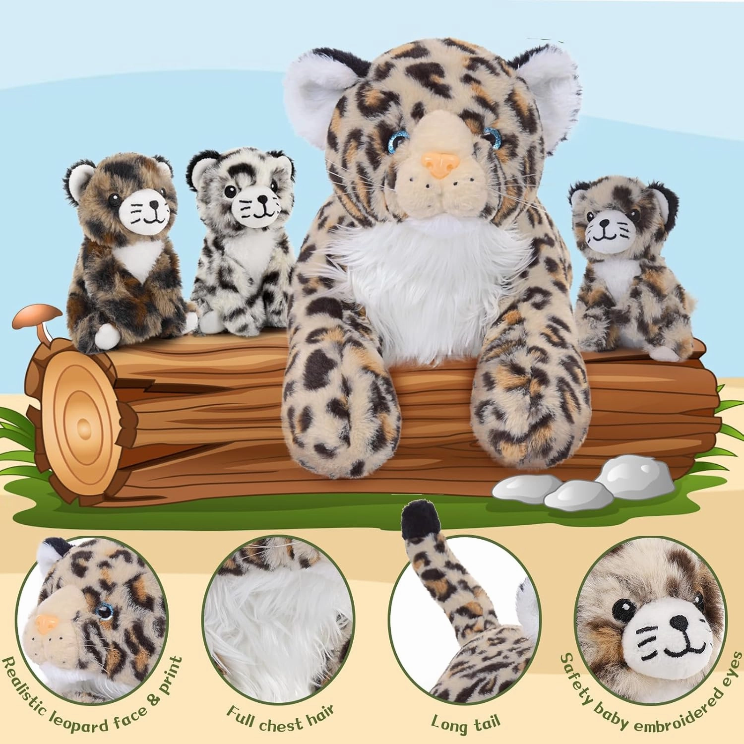 MorisMos Cheetah Stuffed Animal with Babies for Girl Kid,18'' Large Mommy Cheetah with Cub Plushies,Mama and Baby Leopard Stuffed Animal Plush Toys,Realistic Leopard Toy Gifts for Birthday Party Decor
