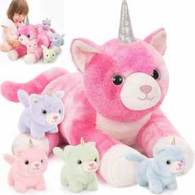 MorisMos Unicorn Cat Stuffed Animal With Kitten Babies, 24'' Caticorns, Rainbow Unicorn Cat Toys for Girl Boy Kids, Mommy Plush Cat With Baby Kitten Stuffed Animals, Kitty Cat Pillow