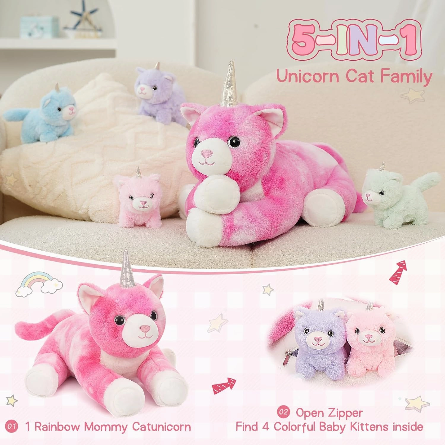 MorisMos Unicorn Cat Stuffed Animal With Kitten Babies, 24'' Caticorns, Rainbow Unicorn Cat Toys for Girl Boy Kids, Mommy Plush Cat With Baby Kitten Stuffed Animals, Kitty Cat Pillow