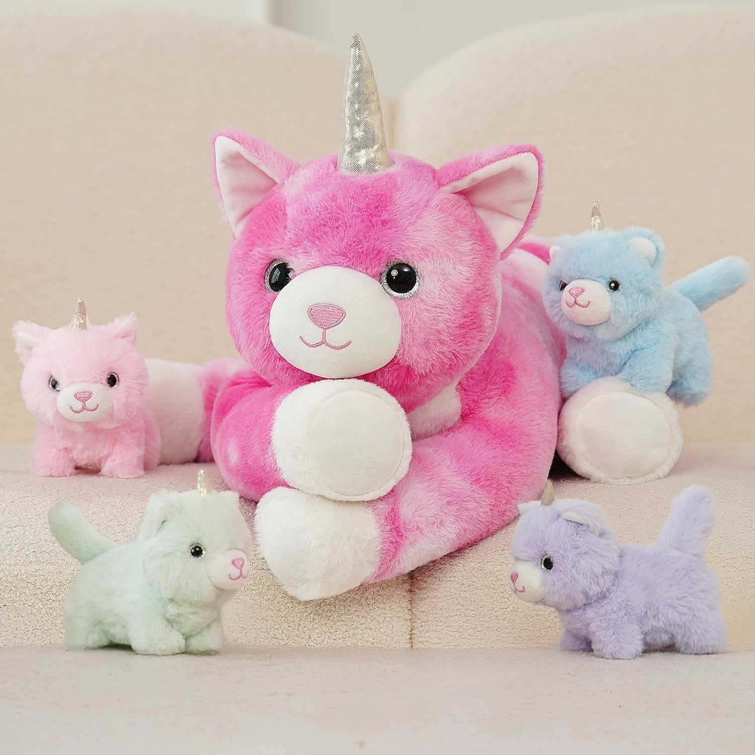 MorisMos Unicorn Cat Stuffed Animal With Kitten Babies, 24'' Caticorns, Rainbow Unicorn Cat Toys for Girl Boy Kids, Mommy Plush Cat With Baby Kitten Stuffed Animals, Kitty Cat Pillow