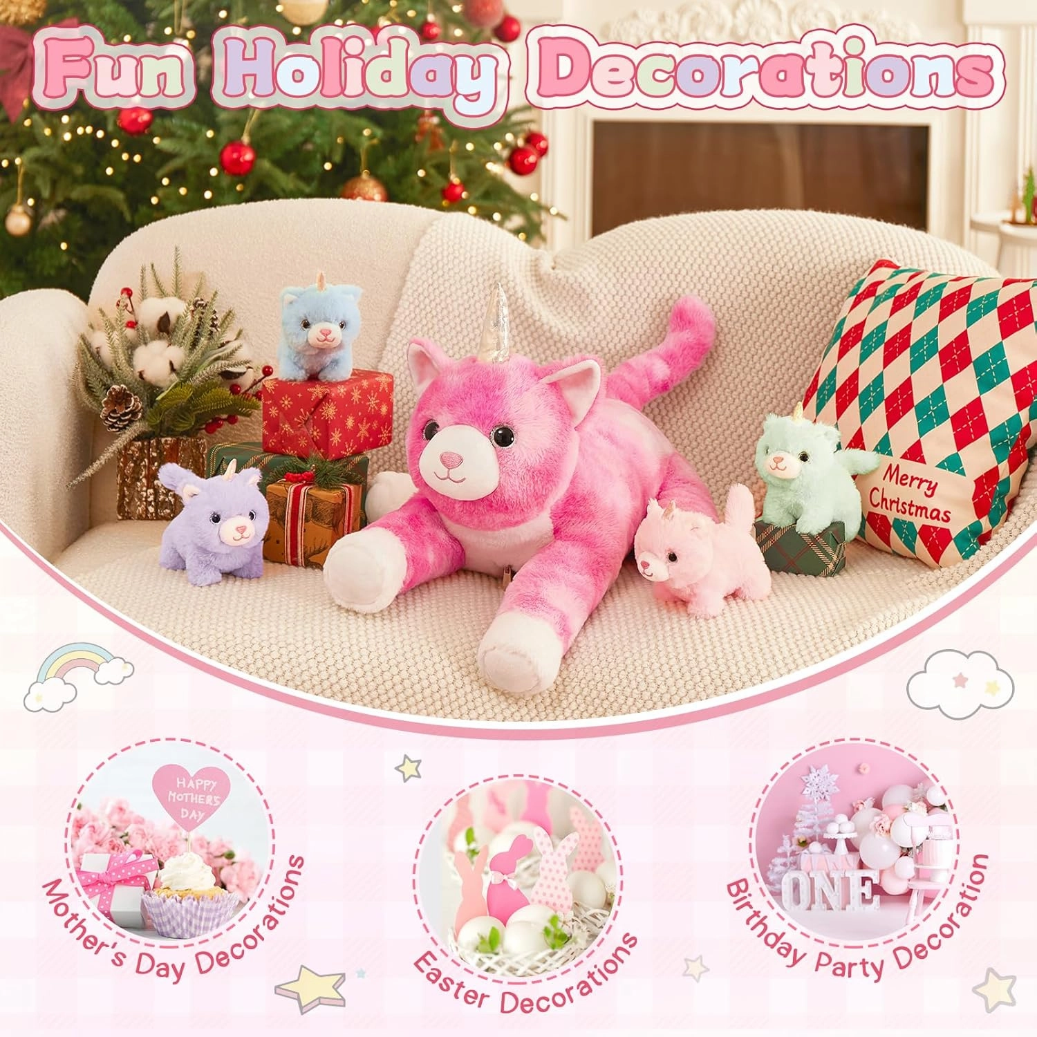 MorisMos Unicorn Cat Stuffed Animal With Kitten Babies, 24'' Caticorns, Rainbow Unicorn Cat Toys for Girl Boy Kids, Mommy Plush Cat With Baby Kitten Stuffed Animals, Kitty Cat Pillow