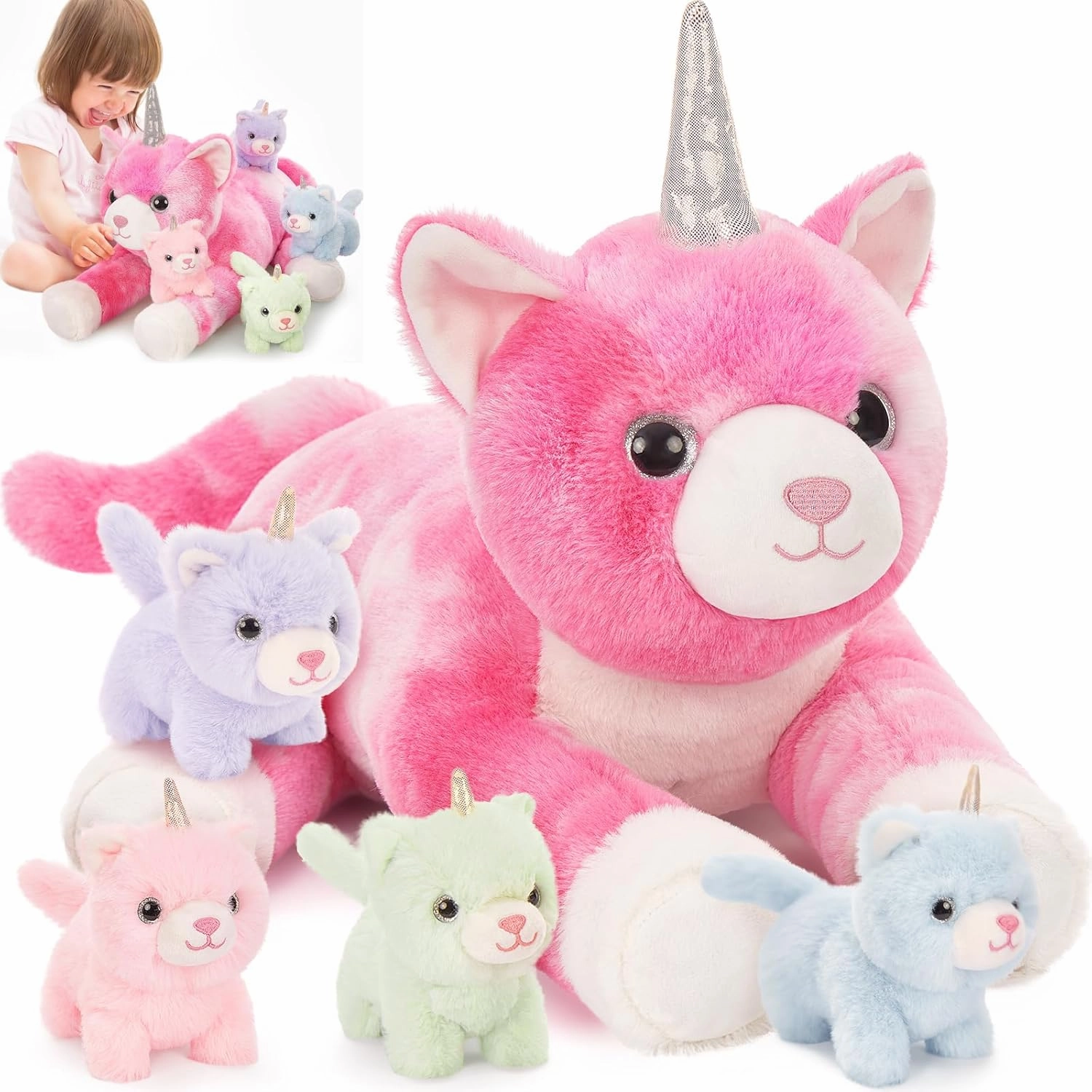 MorisMos Unicorn Cat Stuffed Animal With Kitten Babies, 24'' Caticorns, Rainbow Unicorn Cat Toys for Girl Boy Kids, Mommy Plush Cat With Baby Kitten Stuffed Animals, Kitty Cat Pillow