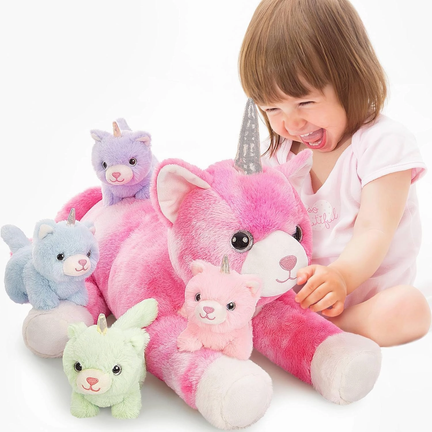 MorisMos Unicorn Cat Stuffed Animal With Kitten Babies, 24'' Caticorns, Rainbow Unicorn Cat Toys for Girl Boy Kids, Mommy Plush Cat With Baby Kitten Stuffed Animals, Kitty Cat Pillow