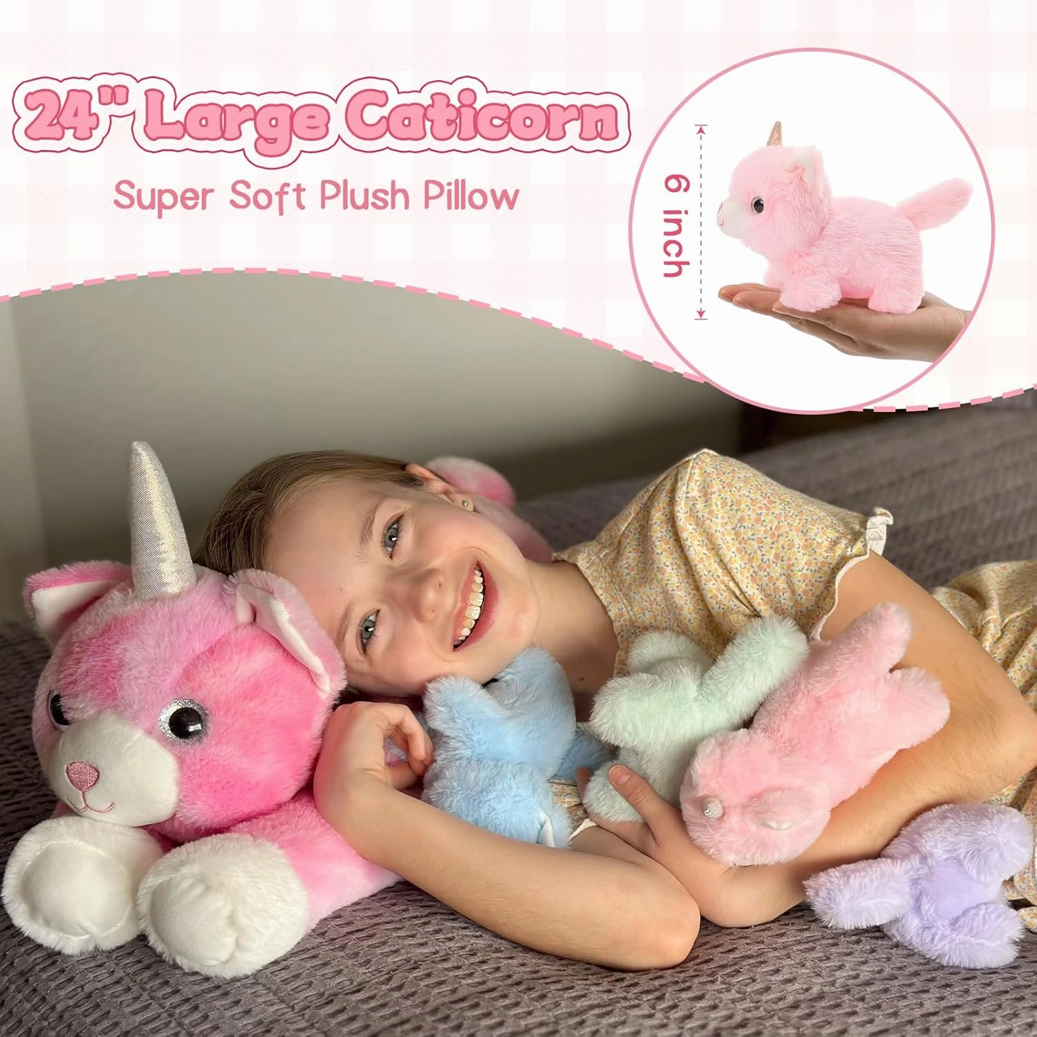 MorisMos Unicorn Cat Stuffed Animal With Kitten Babies, 24'' Caticorns, Rainbow Unicorn Cat Toys for Girl Boy Kids, Mommy Plush Cat With Baby Kitten Stuffed Animals, Kitty Cat Pillow