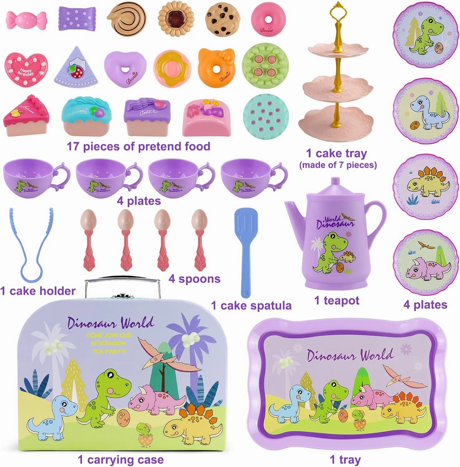 Motiloo 41 Pcs Dinosaurs Kids Tea Party Set with Carrying Case & Sweet Treats Playset - Pretend Toy Tin Tea Set for Little Girls - Princess Tea Time Pretend Play Tea Set Toys