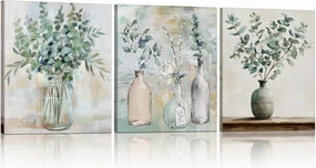 MotiMind 3 Pcs Eucalyptus Bathroom Wall Decor Farmhouse Rustic Pictures Wall Decor Canvas Soothing Calming Nature Botanical Vintage Floral Country Prints Spring Summer for Bedroom 9. 84x7. 87''