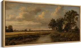 MUDECOR Extra Large Framed Canvas Print Wall Art Vintage Countryside Landscape with Windmills and River Landscape Antique Retro Fine Art Illustrations Decorative Colorful for Bedroom - 60"x30"