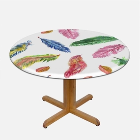 Multicolor Round Fitted Tablecloth Watercolor Feathers Birds Animals Tablecloth Elastic Fitted Edge Table Cloth Round Table Cover Colorful Fits up 45"-50" Diameter Tables