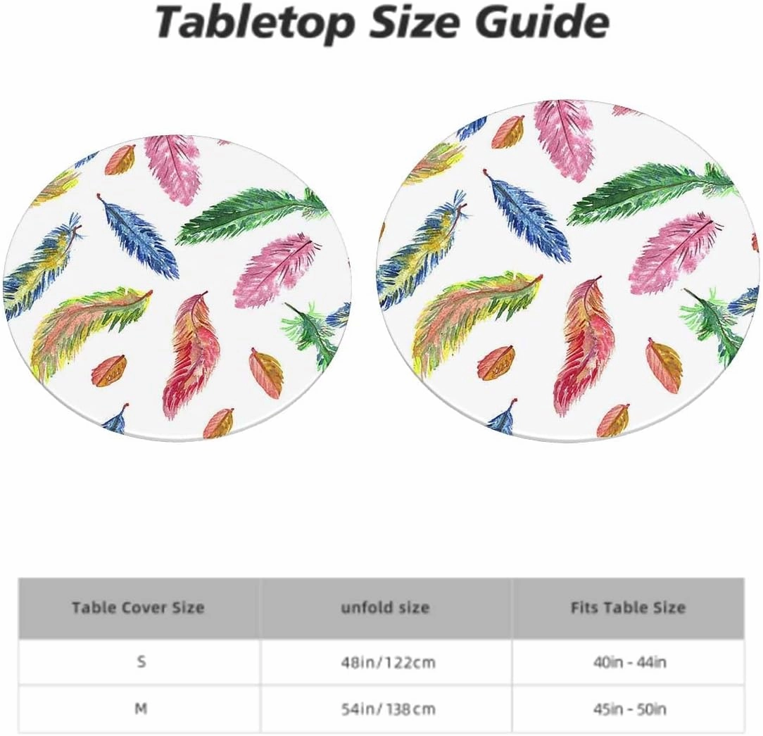 Multicolor Round Fitted Tablecloth Watercolor Feathers Birds Animals Tablecloth Elastic Fitted Edge Table Cloth Round Table Cover Colorful Fits up 45"-50" Diameter Tables