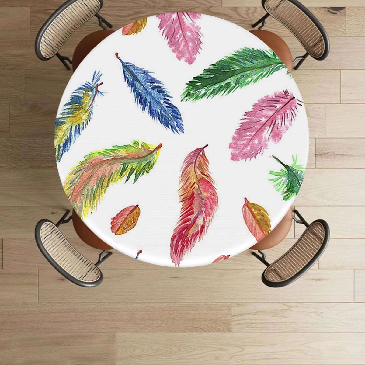 Multicolor Round Fitted Tablecloth Watercolor Feathers Birds Animals Tablecloth Elastic Fitted Edge Table Cloth Round Table Cover Colorful Fits up 45"-50" Diameter Tables