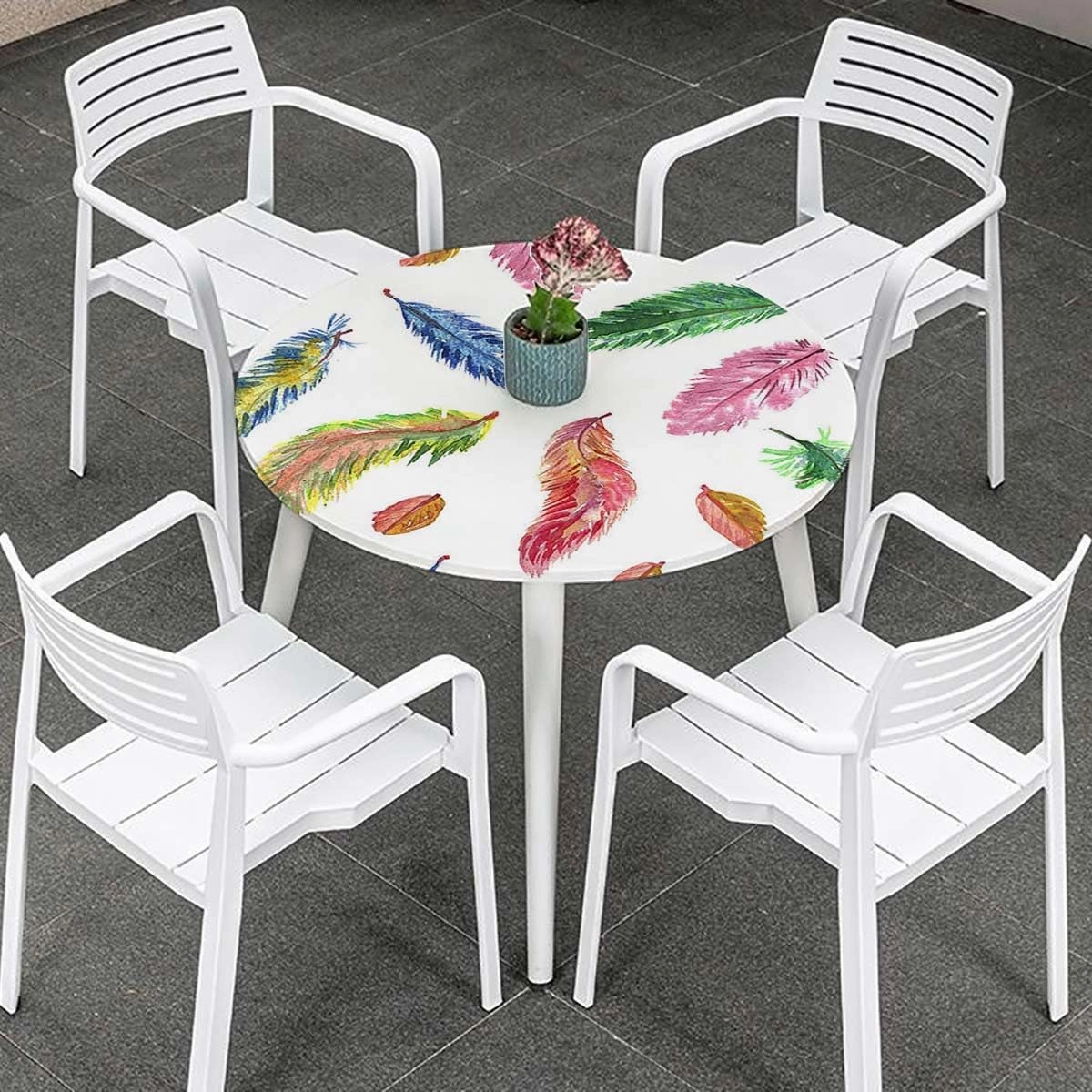 Multicolor Round Fitted Tablecloth Watercolor Feathers Birds Animals Tablecloth Elastic Fitted Edge Table Cloth Round Table Cover Colorful Fits up 45"-50" Diameter Tables