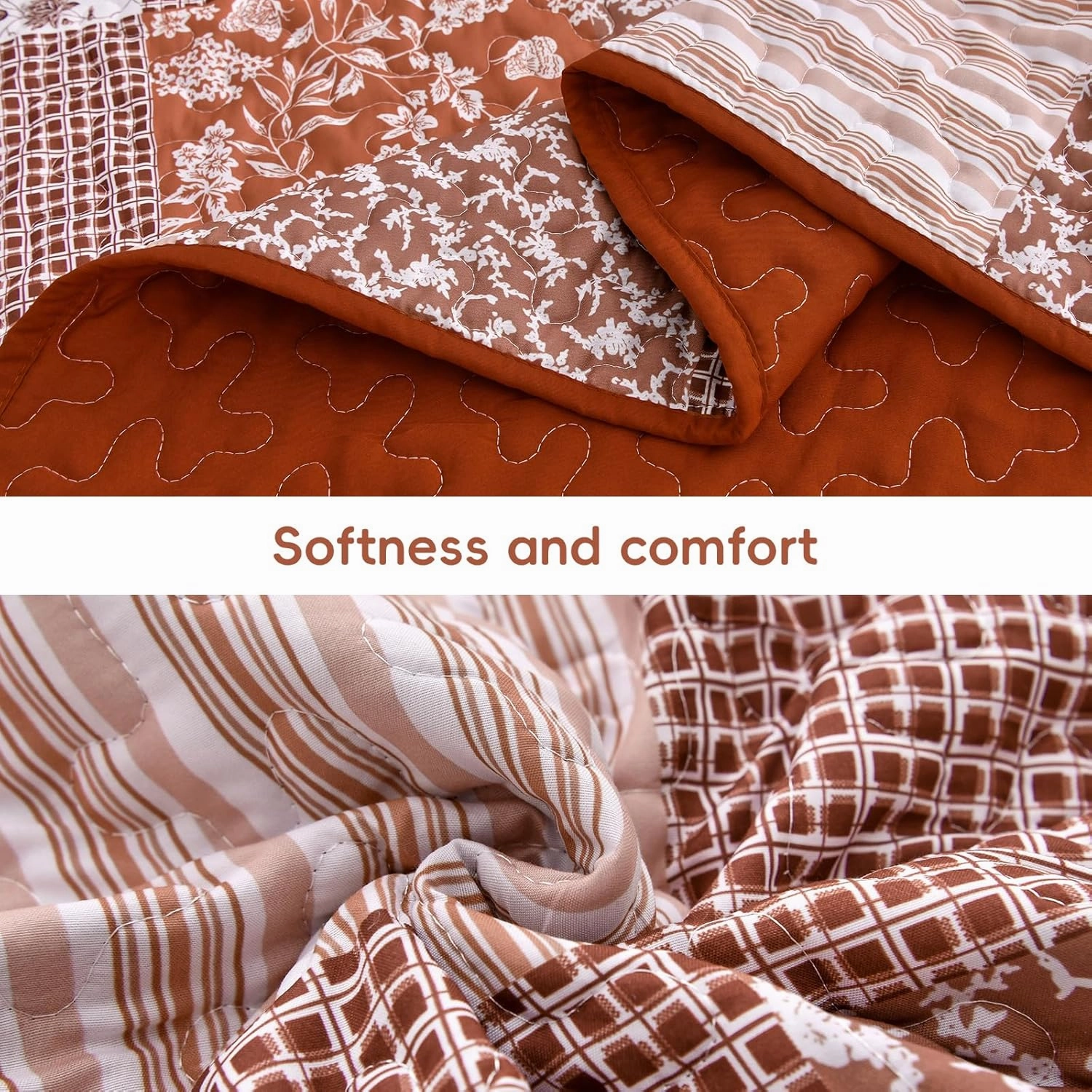 Mybedsoul Burnt Orange Quilt Set King Size, 3 Pieces Boho Plaid Terracotta Floral Bedspread Set Microfiber Lightweight Bohemian Bedding Bedspread Coverlet Set for All Season 90"x104"