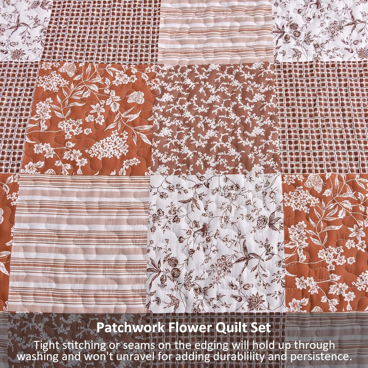 Mybedsoul Burnt Orange Quilt Set King Size, 3 Pieces Boho Plaid Terracotta Floral Bedspread Set Microfiber Lightweight Bohemian Bedding Bedspread Coverlet Set for All Season 90"x104"
