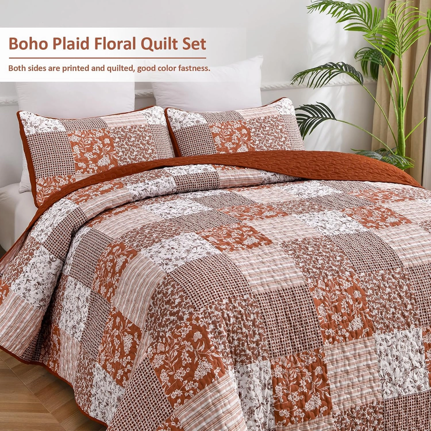 Mybedsoul Burnt Orange Quilt Set King Size, 3 Pieces Boho Plaid Terracotta Floral Bedspread Set Microfiber Lightweight Bohemian Bedding Bedspread Coverlet Set for All Season 90"x104"