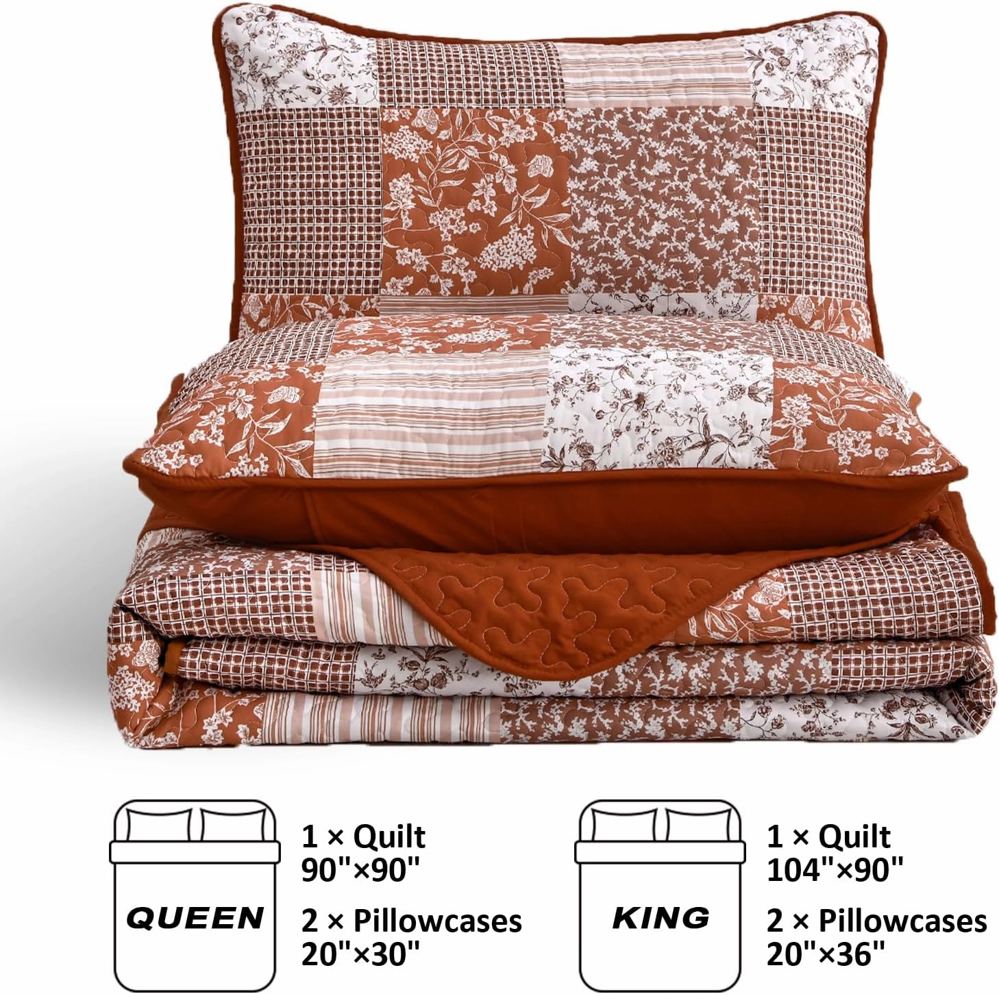 Mybedsoul Burnt Orange Quilt Set King Size, 3 Pieces Boho Plaid Terracotta Floral Bedspread Set Microfiber Lightweight Bohemian Bedding Bedspread Coverlet Set for All Season 90"x104"