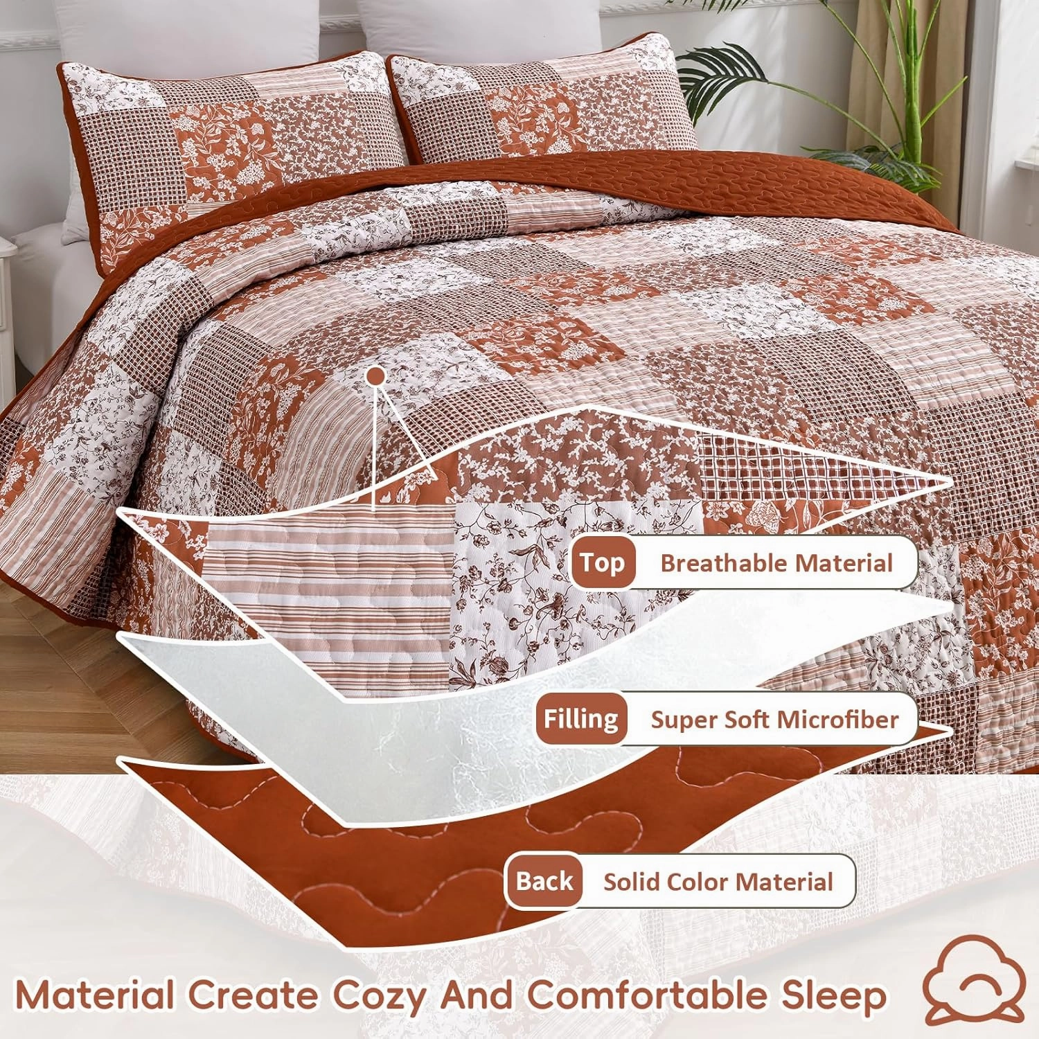 Mybedsoul Burnt Orange Quilt Set King Size, 3 Pieces Boho Plaid Terracotta Floral Bedspread Set Microfiber Lightweight Bohemian Bedding Bedspread Coverlet Set for All Season 90"x104"