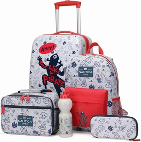 NAUTICA Kids Luggage - 18" Airline Approved Rolling Hardside Upright Carry-on Suitcase Set with Wheels (Pirate Ahoy | 5pc School Set)
