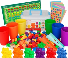 NEOROD Rainbow Counting Bears with Matching Sorting Cups, Number Color Recognition STEM Educational Toddler Preschool Math Manipulatives Toy Set of 90, 2 Tweezers, 2 Dices, 12 Cards, Container