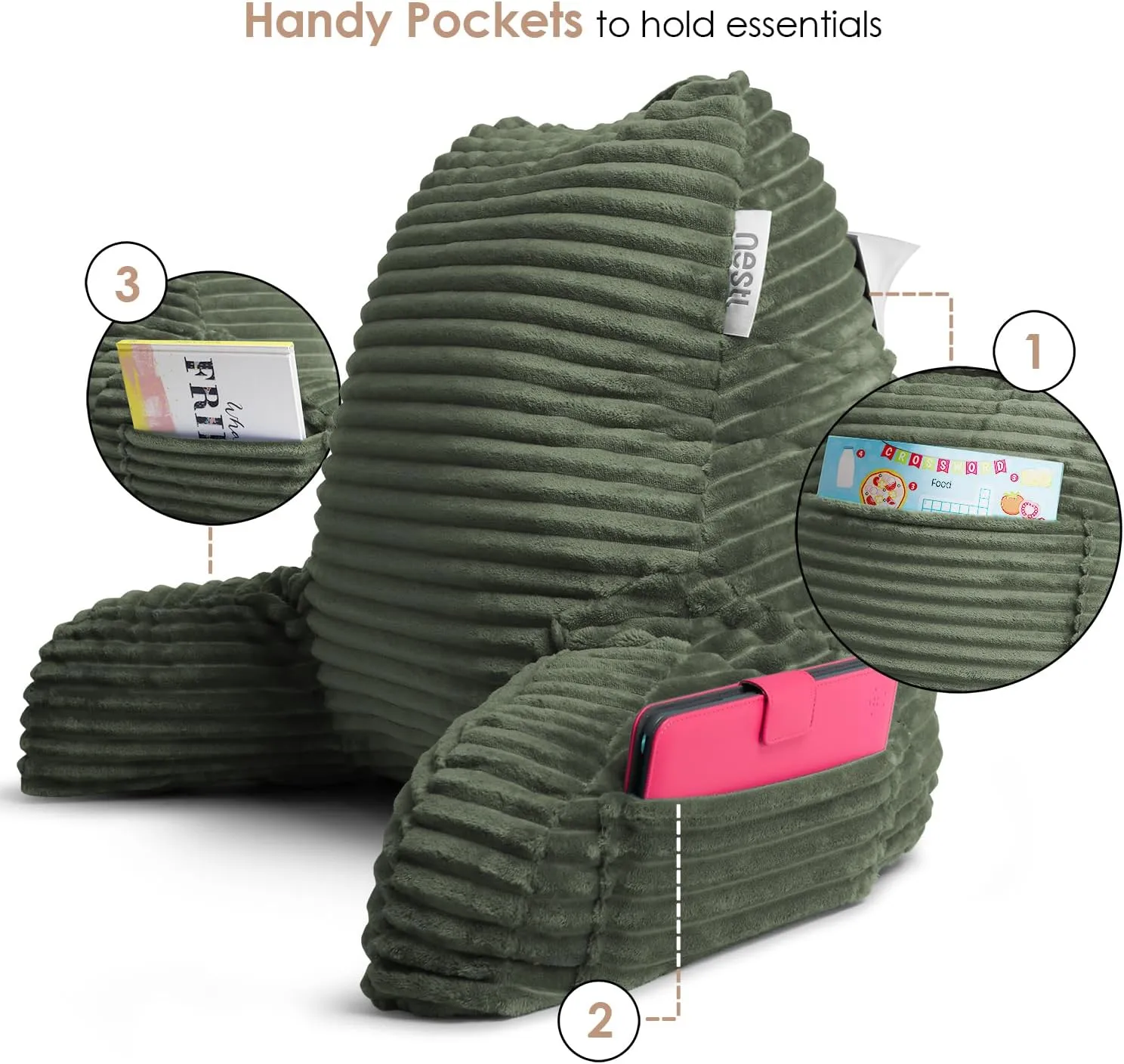Nestl Reading Pillow for Bed Adult – Back Pillow for Sitting in Bed, Standard Bed Pillows for Sitting Up in Bed, Foam Bed Chair Pillow, Olive Green Bed Rest Pillow