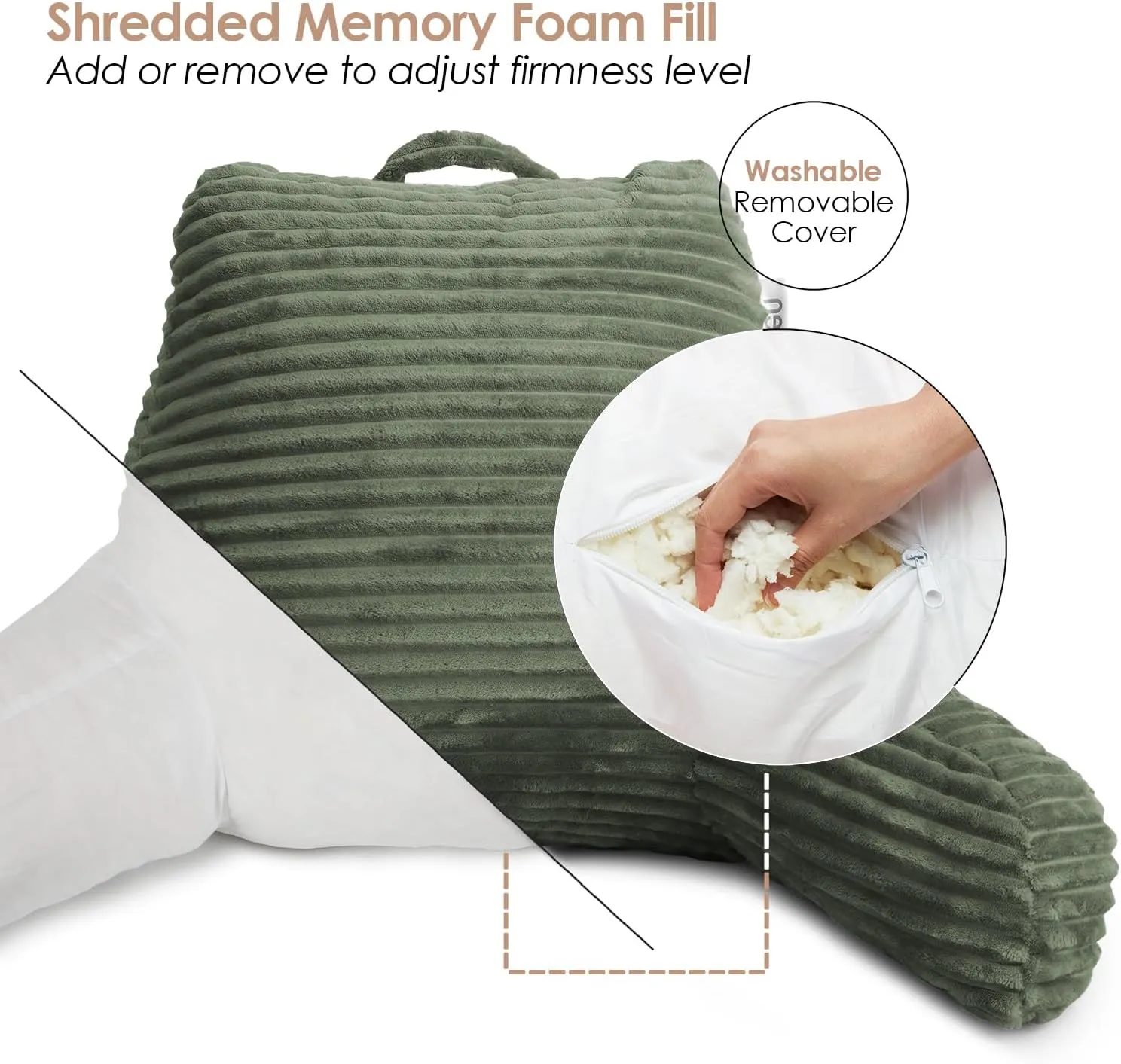 Nestl Reading Pillow for Bed Adult – Back Pillow for Sitting in Bed, Standard Bed Pillows for Sitting Up in Bed, Foam Bed Chair Pillow, Olive Green Bed Rest Pillow