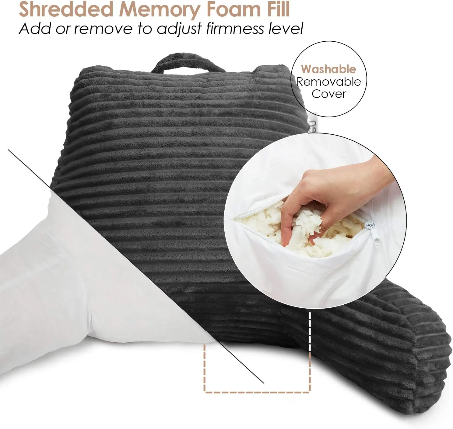 Nestl Reading Pillow for Bed Adult – Back Pillow for Sitting in Bed, Standard Plush Bed Pillows for Sitting Up in Bed, Shredded Memory Foam Bed Chair Pillow with Arms and Pockets, Grey Bed Rest Pillow