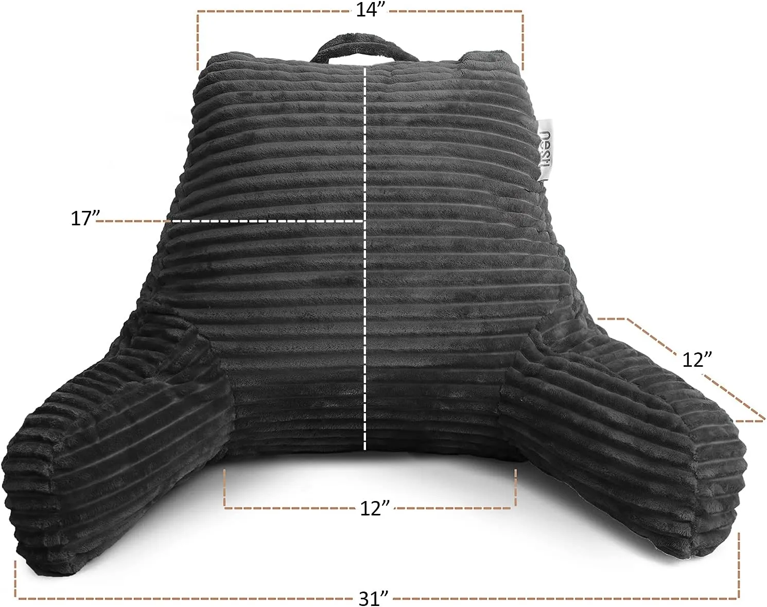 Nestl Reading Pillow for Bed Adult – Back Pillow for Sitting in Bed, Standard Plush Bed Pillows for Sitting Up in Bed, Shredded Memory Foam Bed Chair Pillow with Arms and Pockets, Grey Bed Rest Pillow