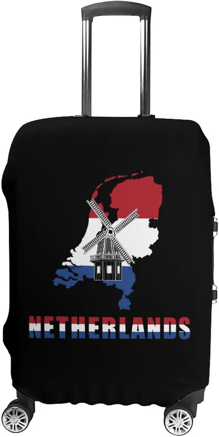 Netherlands Map Flag with Windmill Unisex Luggage Cover Washable Travel Suitcase Case Anti-Scratch Baggage Protector
