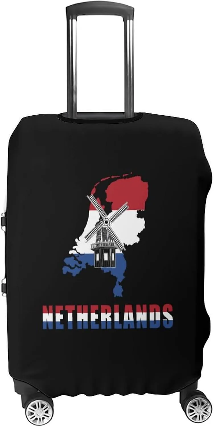 Netherlands Map Flag with Windmill Unisex Luggage Cover Washable Travel Suitcase Case Anti-Scratch Baggage Protector