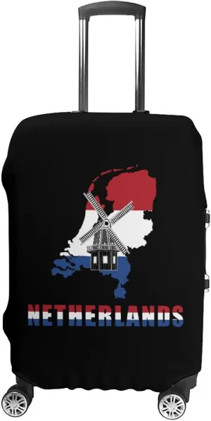 Netherlands Map Flag with Windmill Unisex Luggage Cover Washable Travel Suitcase Case Anti-Scratch Baggage Protector