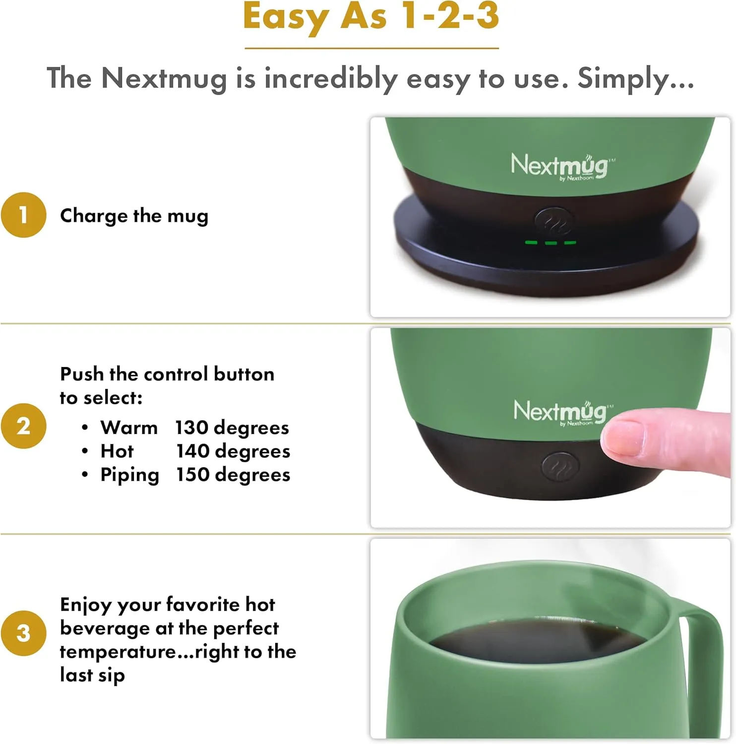Nextmug - Temperature-Controlled, Self-Heating Coffee Mug (14 oz.) (Sage)
