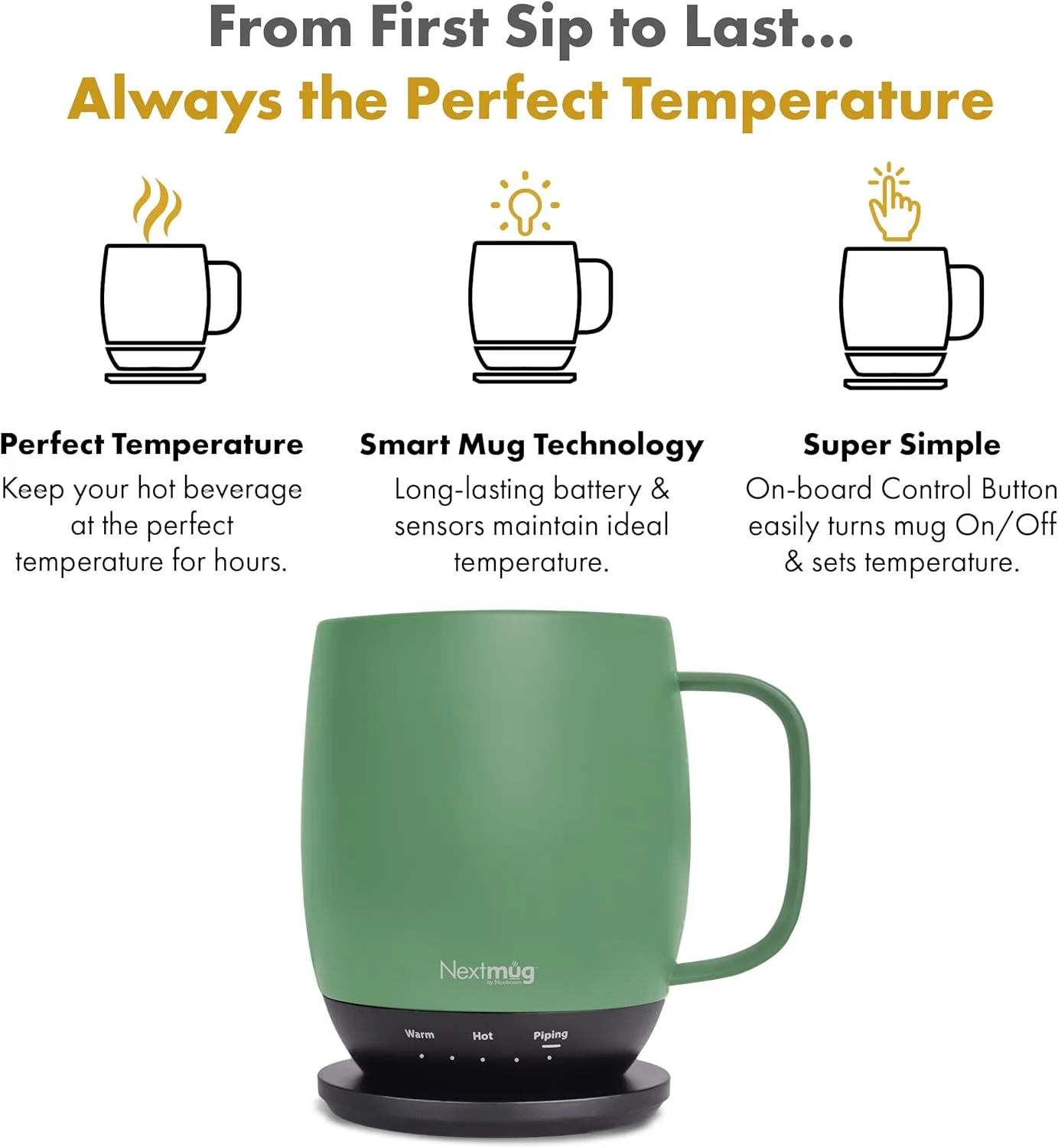 Nextmug - Temperature-Controlled, Self-Heating Coffee Mug (14 oz.) (Sage)