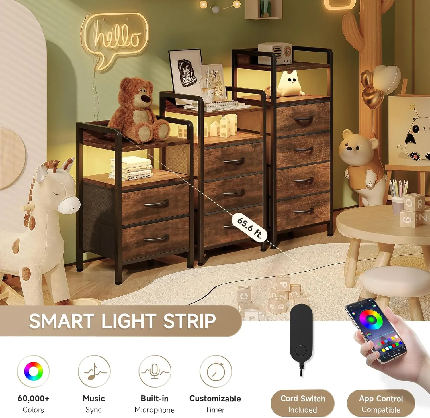 Night Stand Bedside Table Bedroom - Nightstand with Charging Station, Night Stand with LED Light Strip, End Table with U-S-B Ports & AC Outlets, Storage Shelf & 2 Fabric Drawers, Rustic Brown