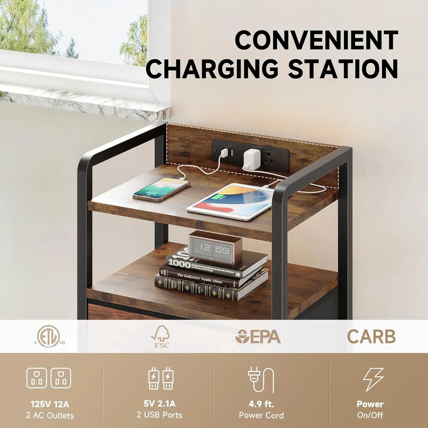 Night Stand Bedside Table Bedroom - Nightstand with Charging Station, Night Stand with LED Light Strip, End Table with U-S-B Ports & AC Outlets, Storage Shelf & 2 Fabric Drawers, Rustic Brown