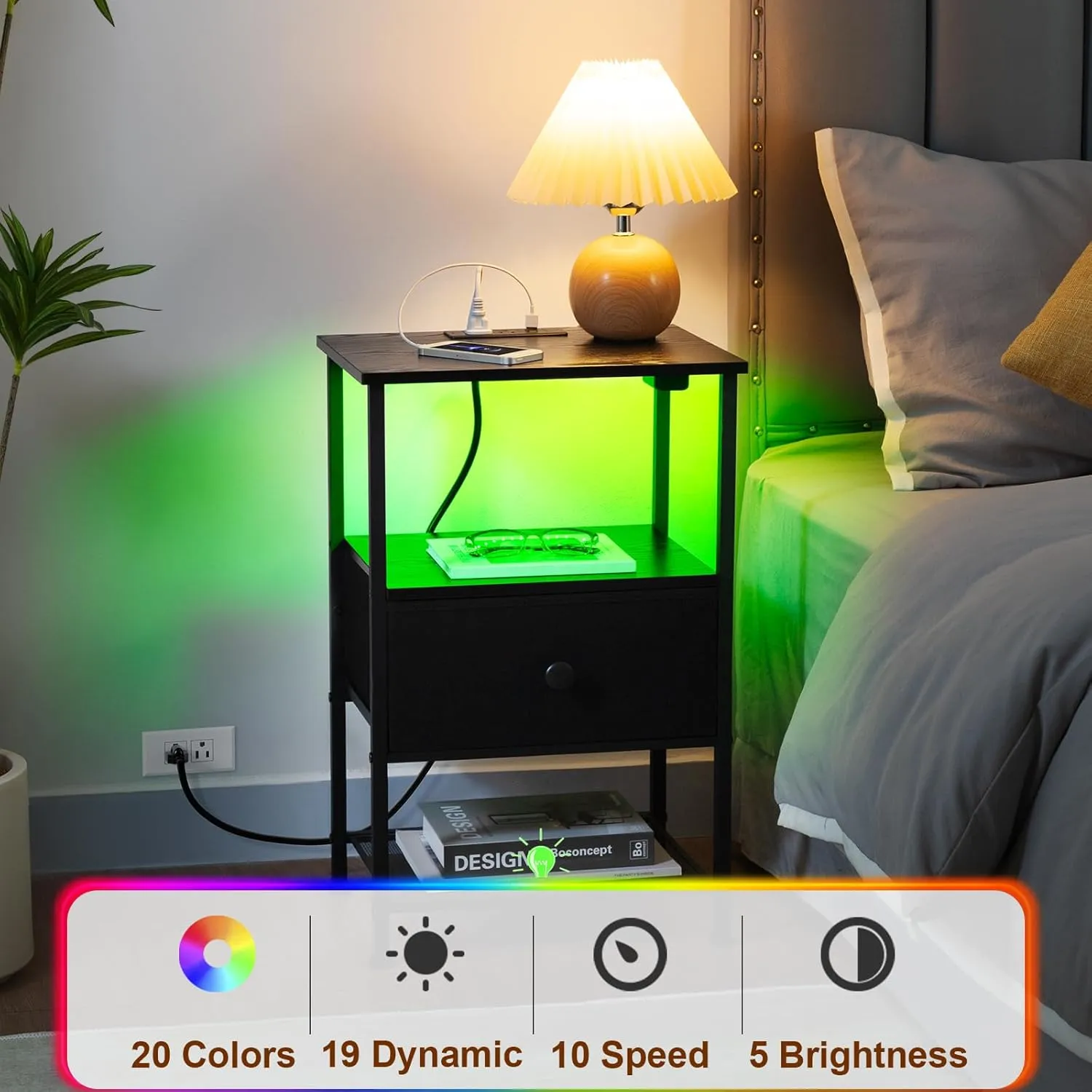 Night Stand Set 2, LED Nightstand with Charging Station, End Tables Living Room with Fabric Drawer, Small Side Tables for Bedroom, Small Space, Black, HETS01BK