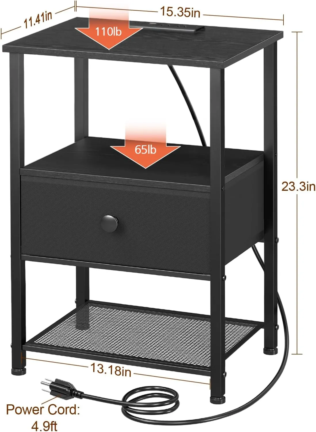 Night Stand Set 2, LED Nightstand with Charging Station, End Tables Living Room with Fabric Drawer, Small Side Tables for Bedroom, Small Space, Black, HETS01BK