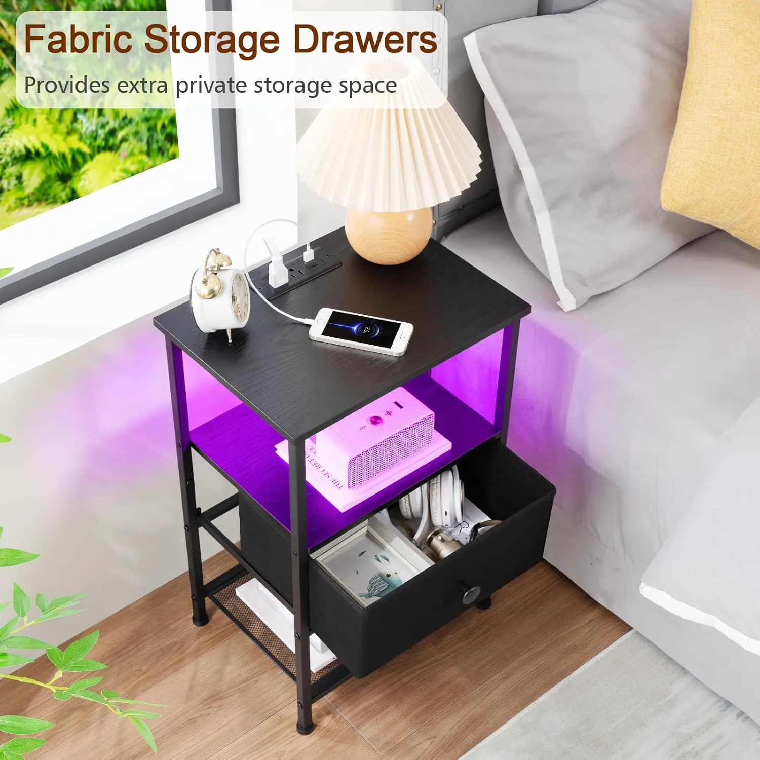 Night Stand Set 2, LED Nightstand with Charging Station, End Tables Living Room with Fabric Drawer, Small Side Tables for Bedroom, Small Space, Black, HETS01BK