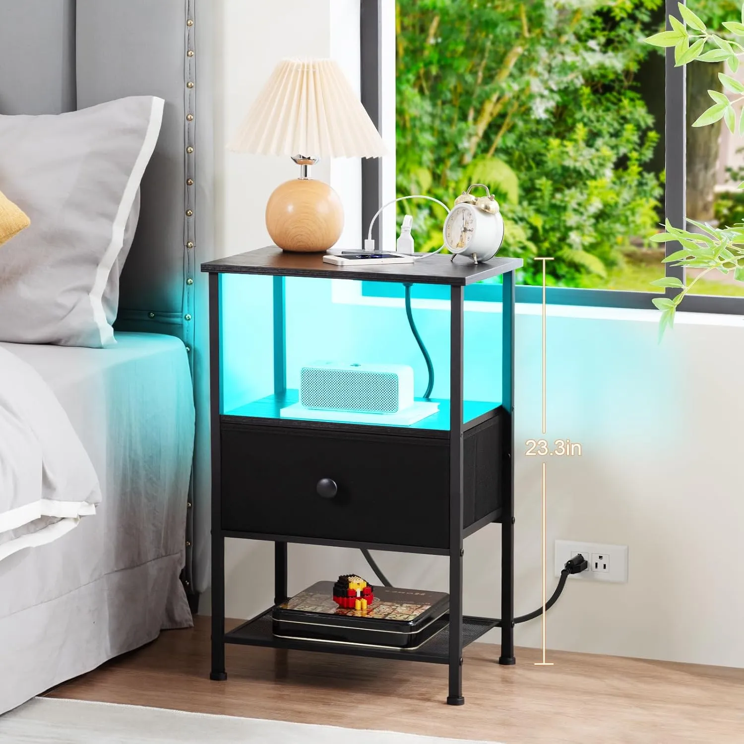 Night Stand Set 2, LED Nightstand with Charging Station, End Tables Living Room with Fabric Drawer, Small Side Tables for Bedroom, Small Space, Black, HETS01BK