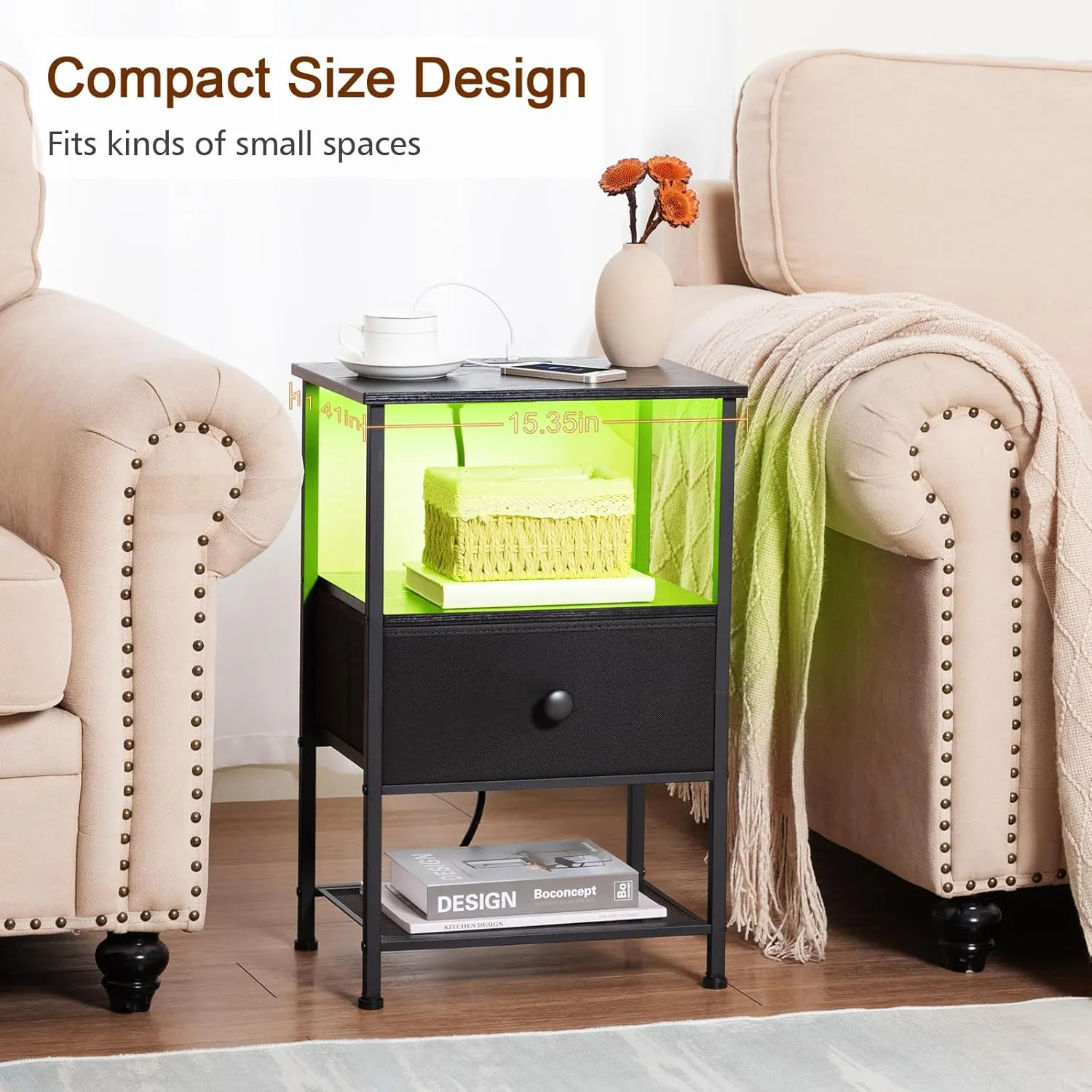 Night Stand Set 2, LED Nightstand with Charging Station, End Tables Living Room with Fabric Drawer, Small Side Tables for Bedroom, Small Space, Black, HETS01BK