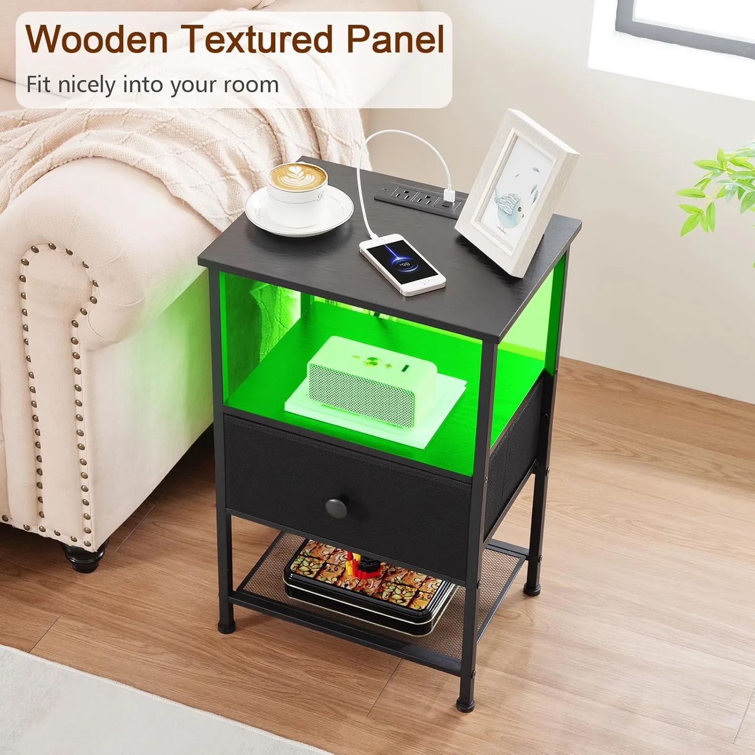 Night Stand Set 2, LED Nightstand with Charging Station, End Tables Living Room with Fabric Drawer, Small Side Tables for Bedroom, Small Space, Black, HETS01BK
