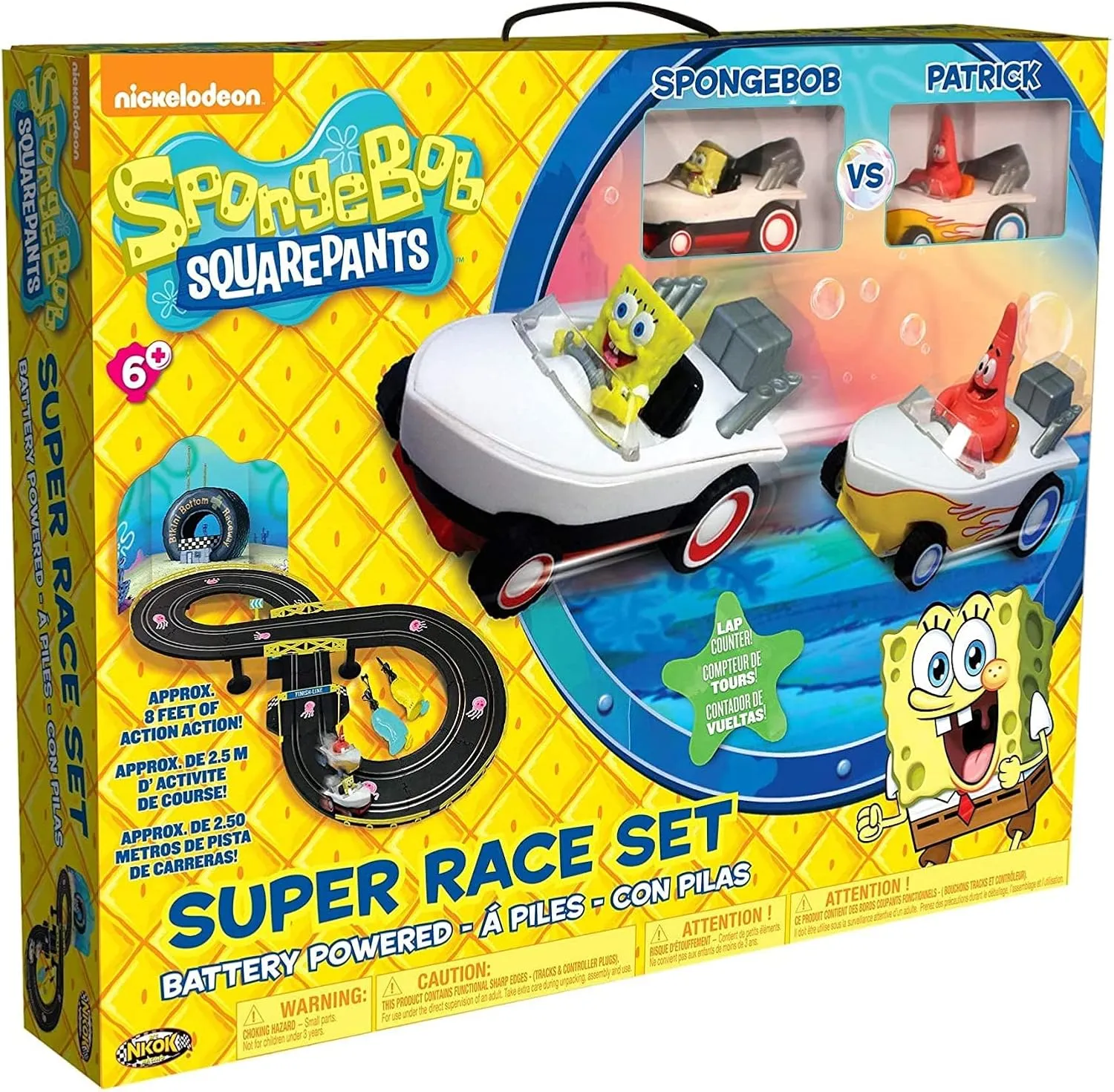 NKOK SpongeBob Hot Rod Boat Slot Car Race Set 2531, Contains 8 Feet of Track, Dual Players, Great Item for Kids to Play with, Features a Lap Counter, Ages 6 and up