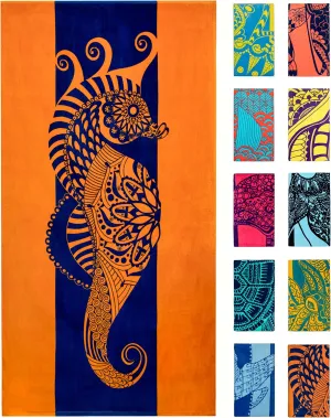 Nova Blue Seahorse Beach Towel – Blue and Orange with A Tropical Design, Extra Large, XL (34”x 63”) Vibrant, Bright, Colorful Pool Towel Made from 100% Cotton