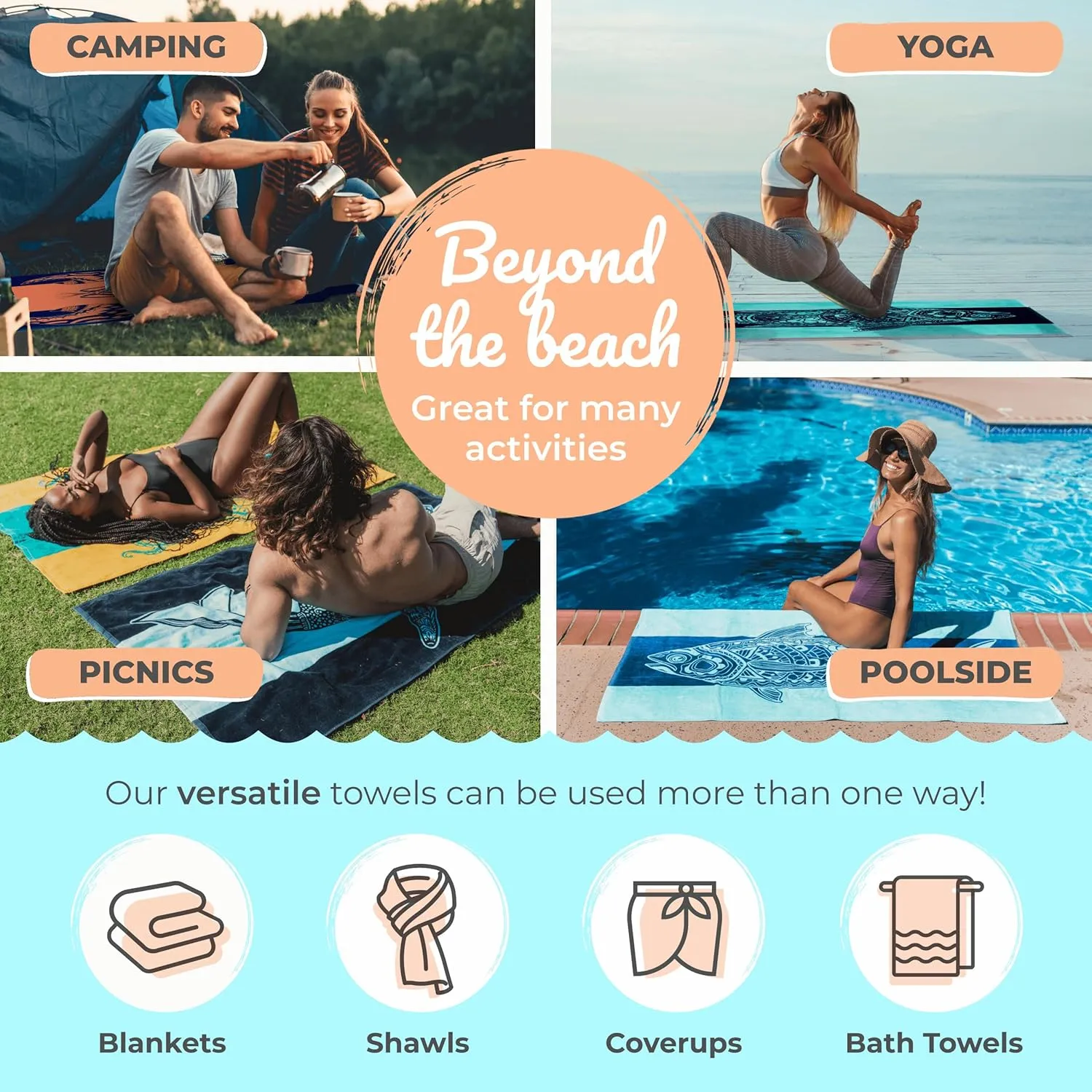 Nova Blue Seahorse Beach Towel – Blue and Orange with A Tropical Design, Extra Large, XL (34”x 63”) Vibrant, Bright, Colorful Pool Towel Made from 100% Cotton