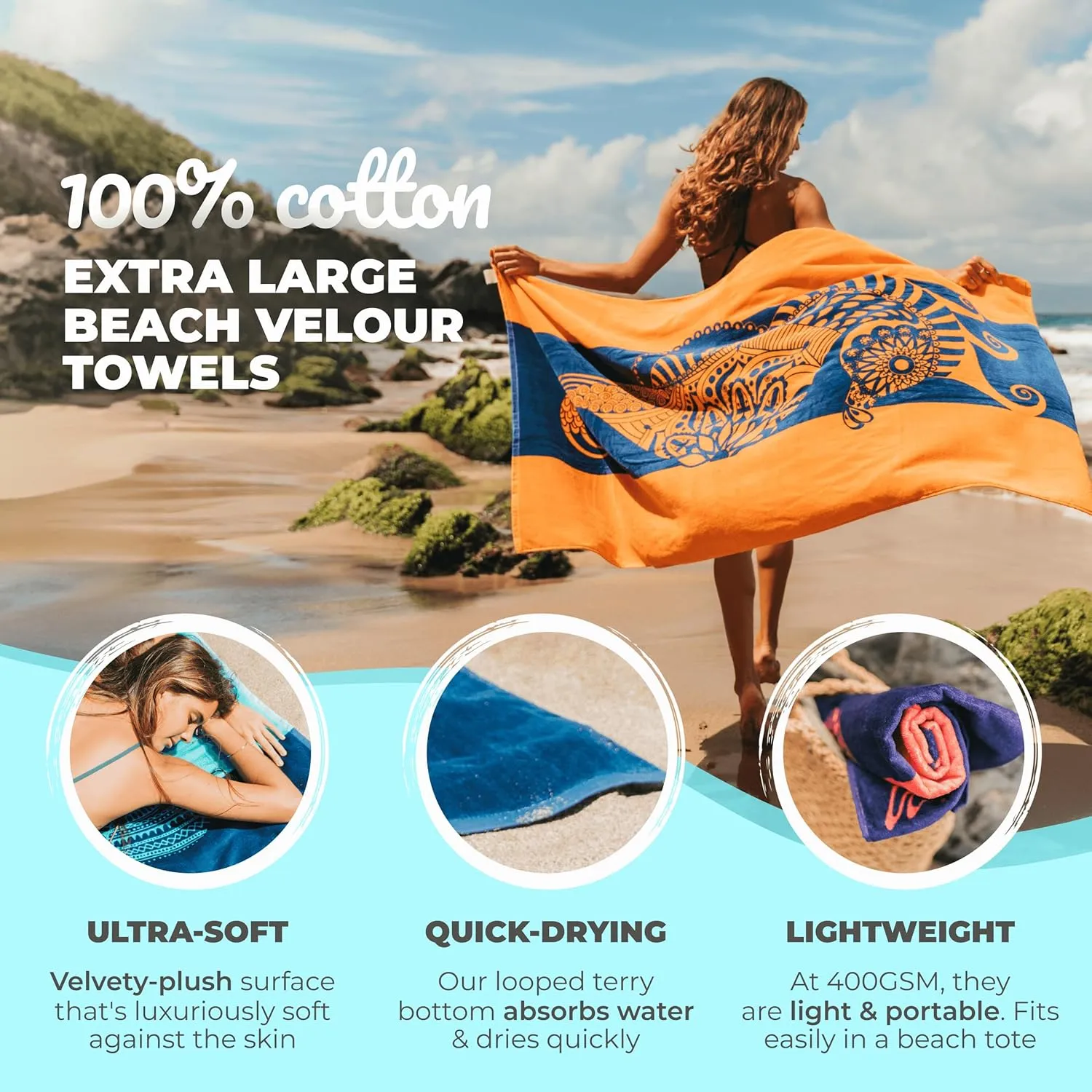 Nova Blue Seahorse Beach Towel – Blue and Orange with A Tropical Design, Extra Large, XL (34”x 63”) Vibrant, Bright, Colorful Pool Towel Made from 100% Cotton