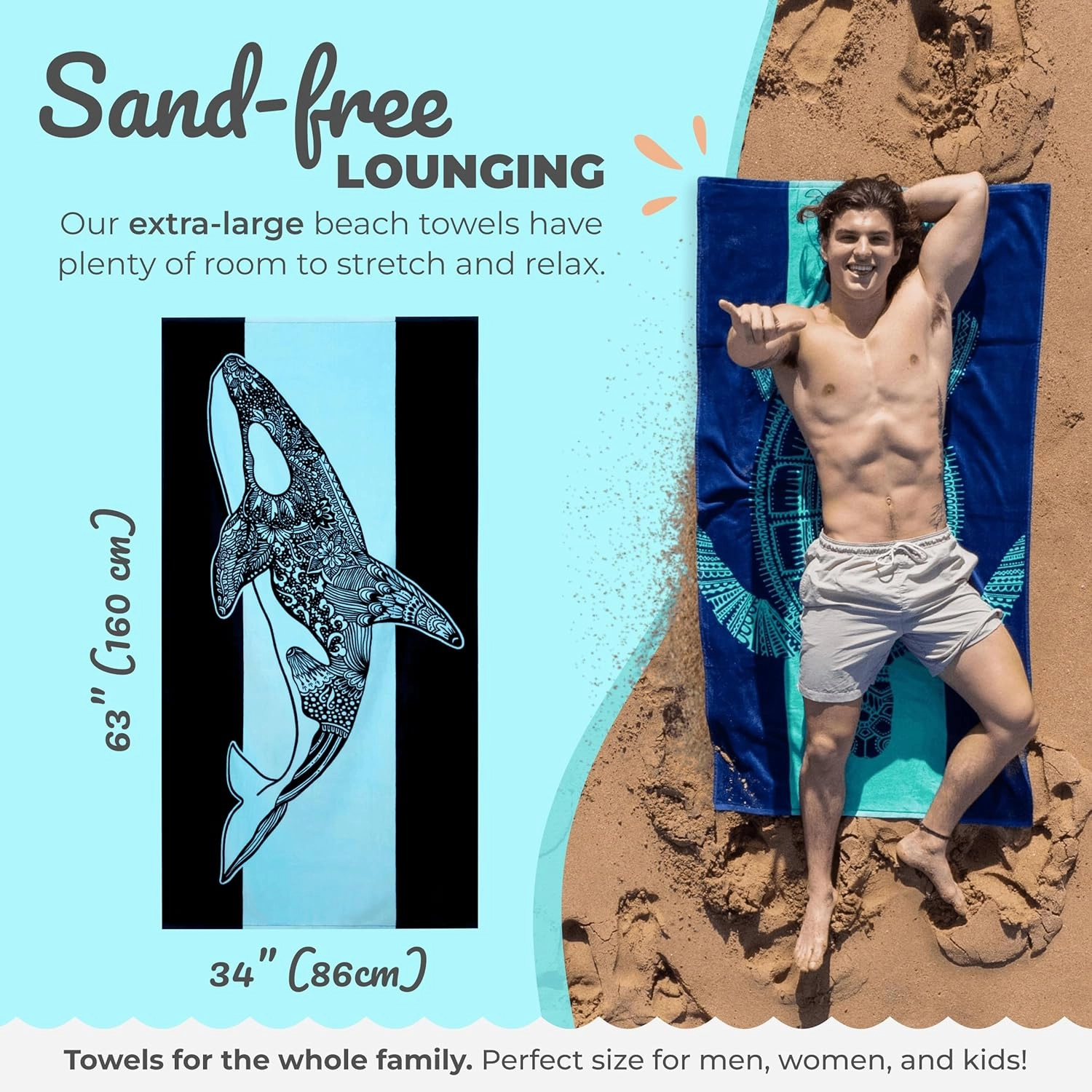 Nova Blue Orca (34 X 63) – Navy & Blue Colorway with Tropical Whale Design Travel Beach Towel Made from 100% Cotton – Vibrant Colorful Blanket Towel – Extra Large