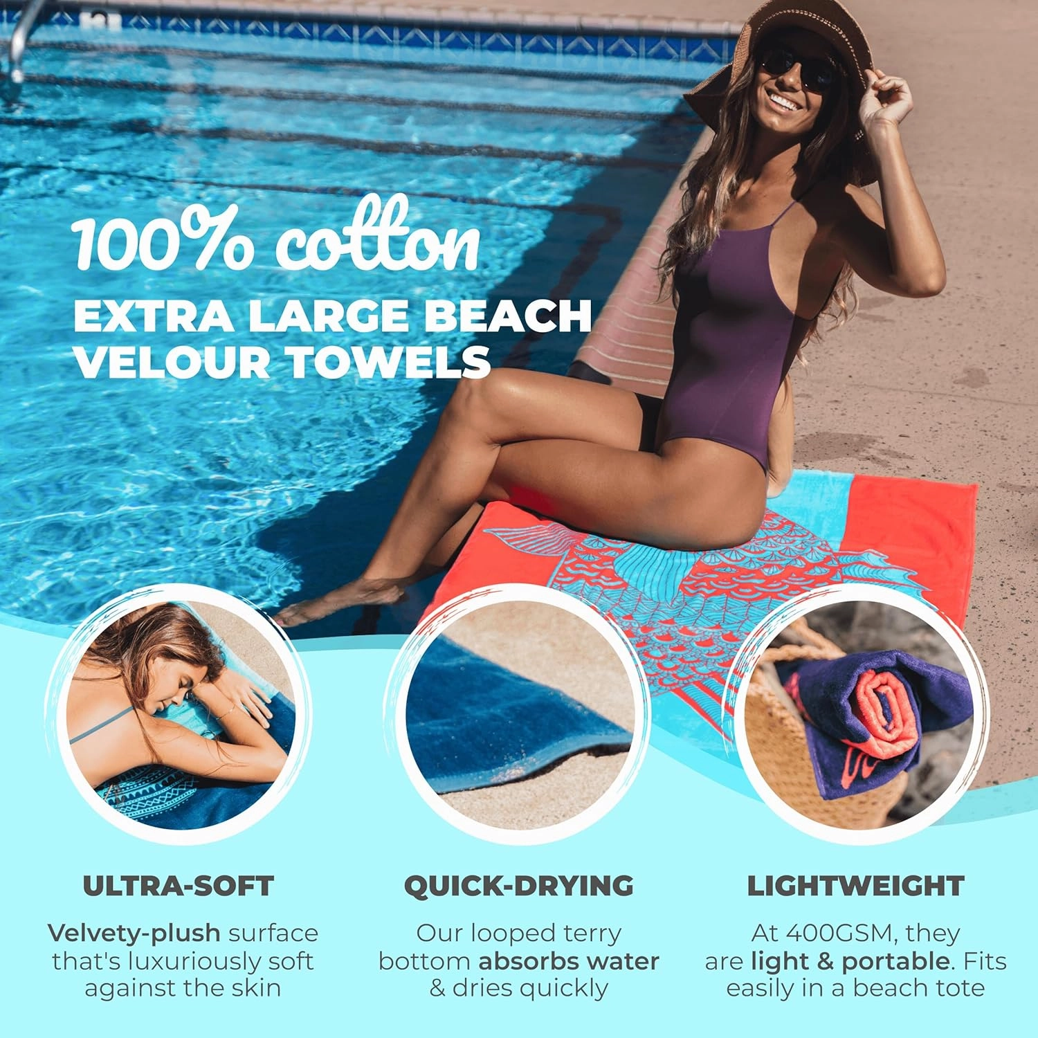 Nova Blue Tropical Fish Beach Towel (34 X 63) – Bright Red & Blue Packable Beach Towel Made from 100% Cotton – Vibrant Colorful Bath Towel – Turquoise Beach Blanket Towel